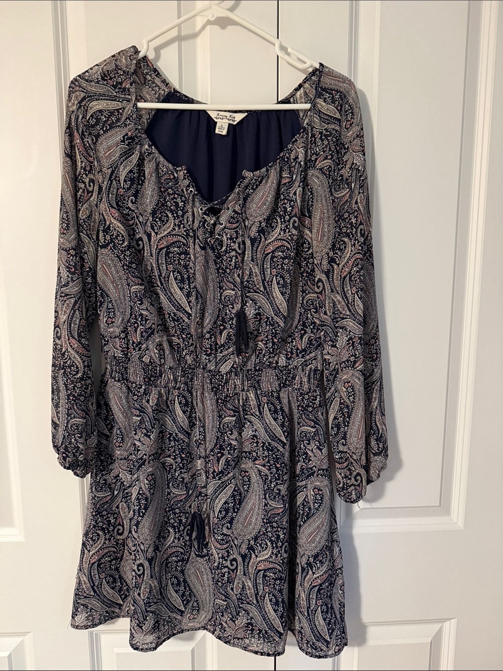 Navy Paisley Long-Sleeve Boho Dress